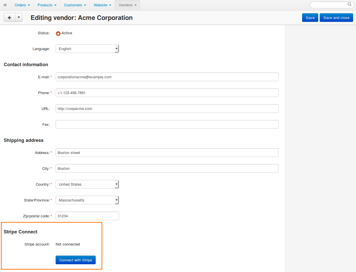 The "Connect with Stripe" button that vendors can use to connect their accounts.