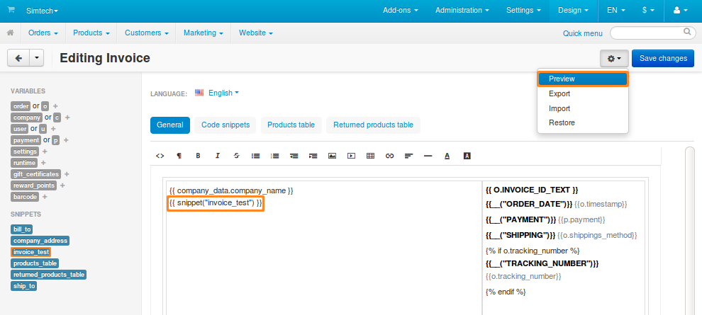 Inserting a snippet into a document.
