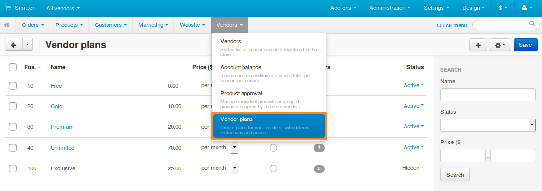 Vendor plans as they appear in the Administration panel.