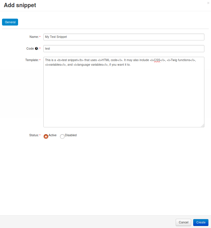 The popup window with snippet properties.