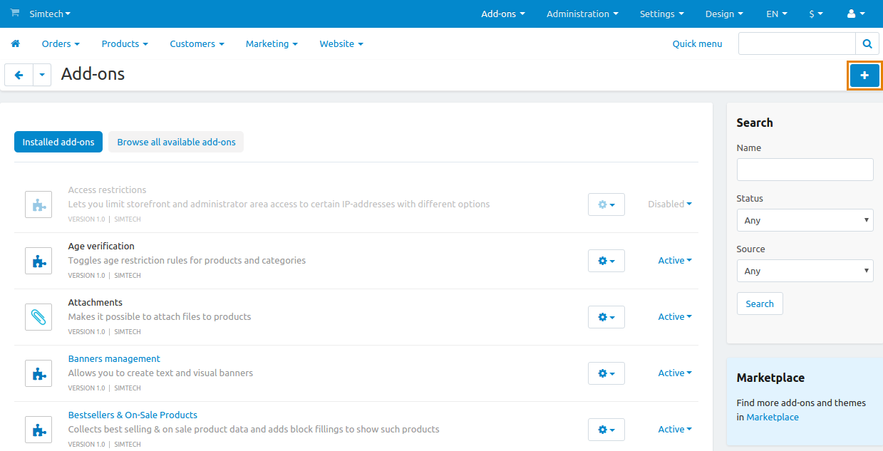 The plus button allows you to upload the add-on and install it.