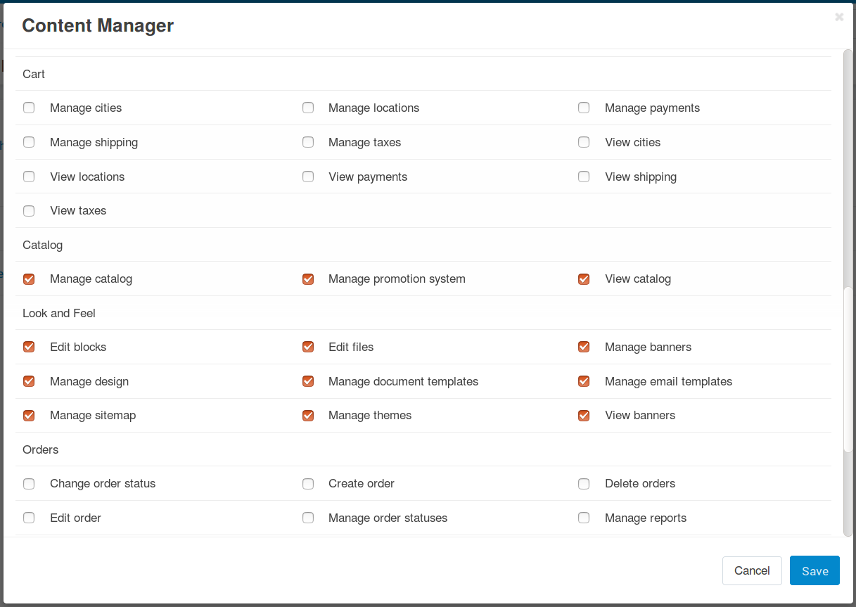 Tick the checkboxes next to the privileges you want to grant to the group.