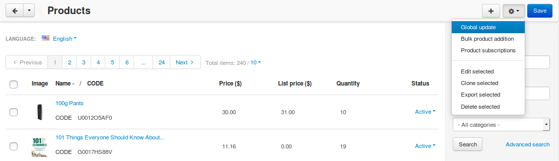 Global update of products in CS-Cart.