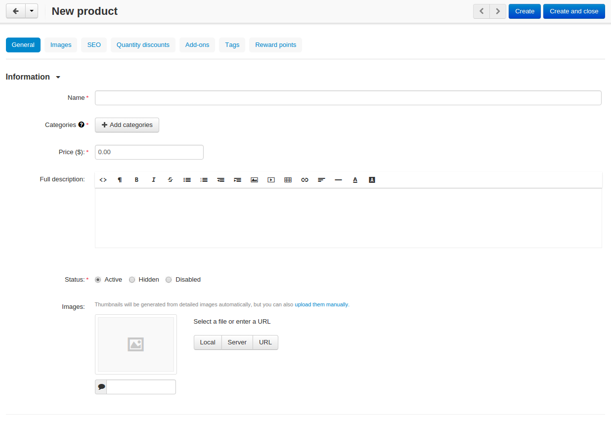 The product creation page in CS-Cart.