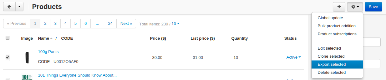 CS-Cart allows you to export all products or specific groups of products.