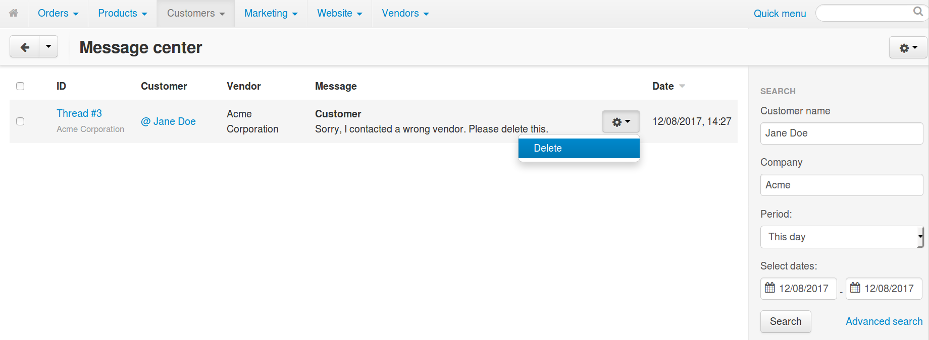 Deleting a thread with messages in Multi-Vendor.