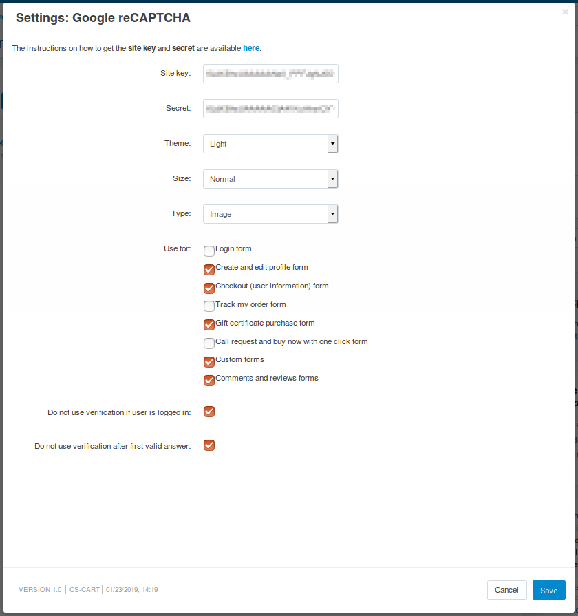 The settings of the Google reCAPTCHA add-on.