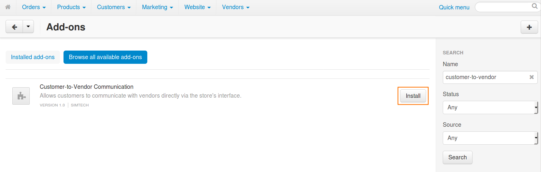 Find and install the Customer-to-Vendor Communication add-on.