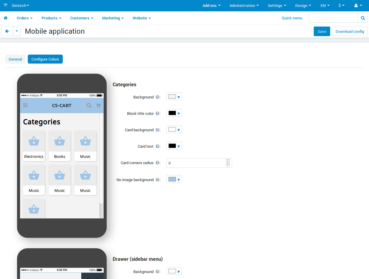 The interface for editing the colors of your mobile application.