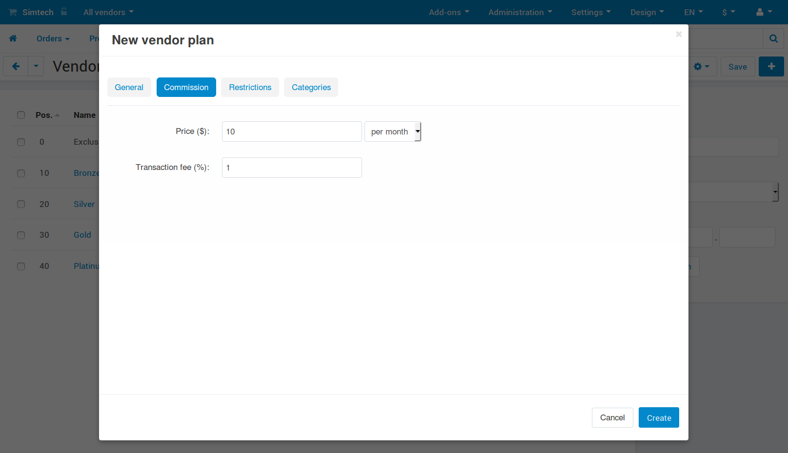 The "Commission" tab of a vendor plan.