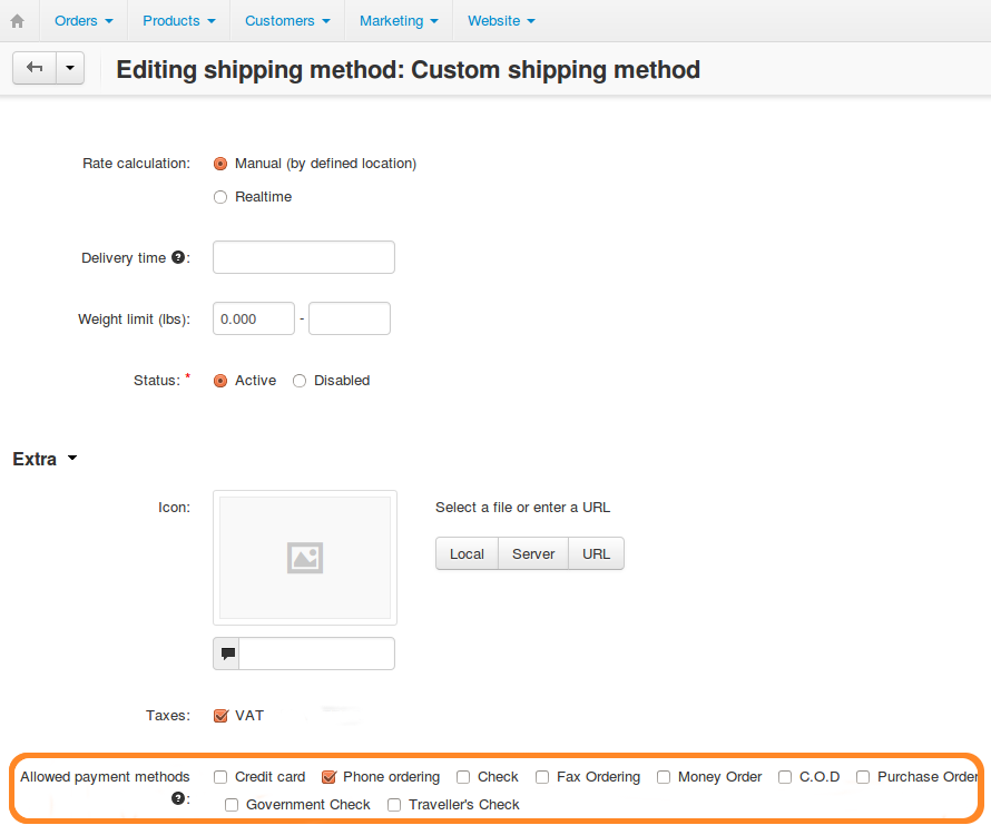 Tick the checkboxes of the payment methods you want to make available for the shipping method.