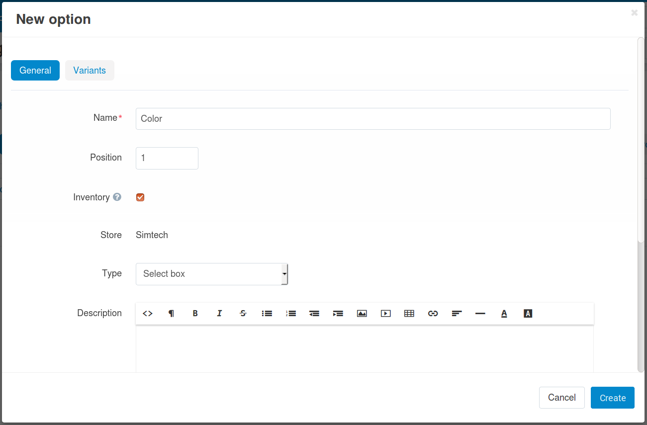The product-specific option creation pop-up window in CS-Cart
