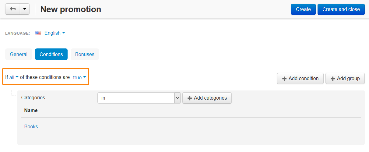 The Conditions tab determines when the promotion applies.