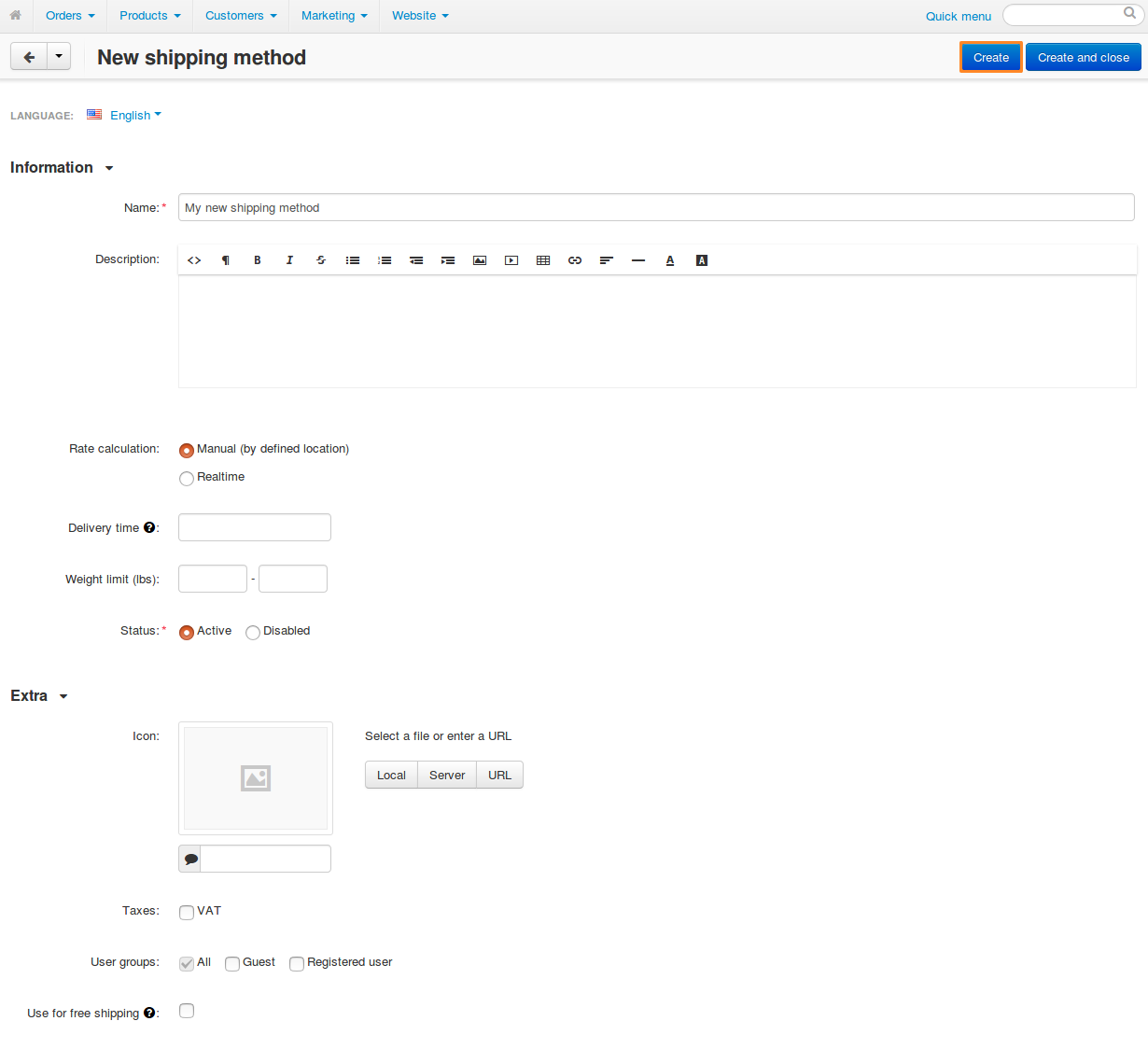 The shipping method creation page in CS-Cart and Multi-Vendor.