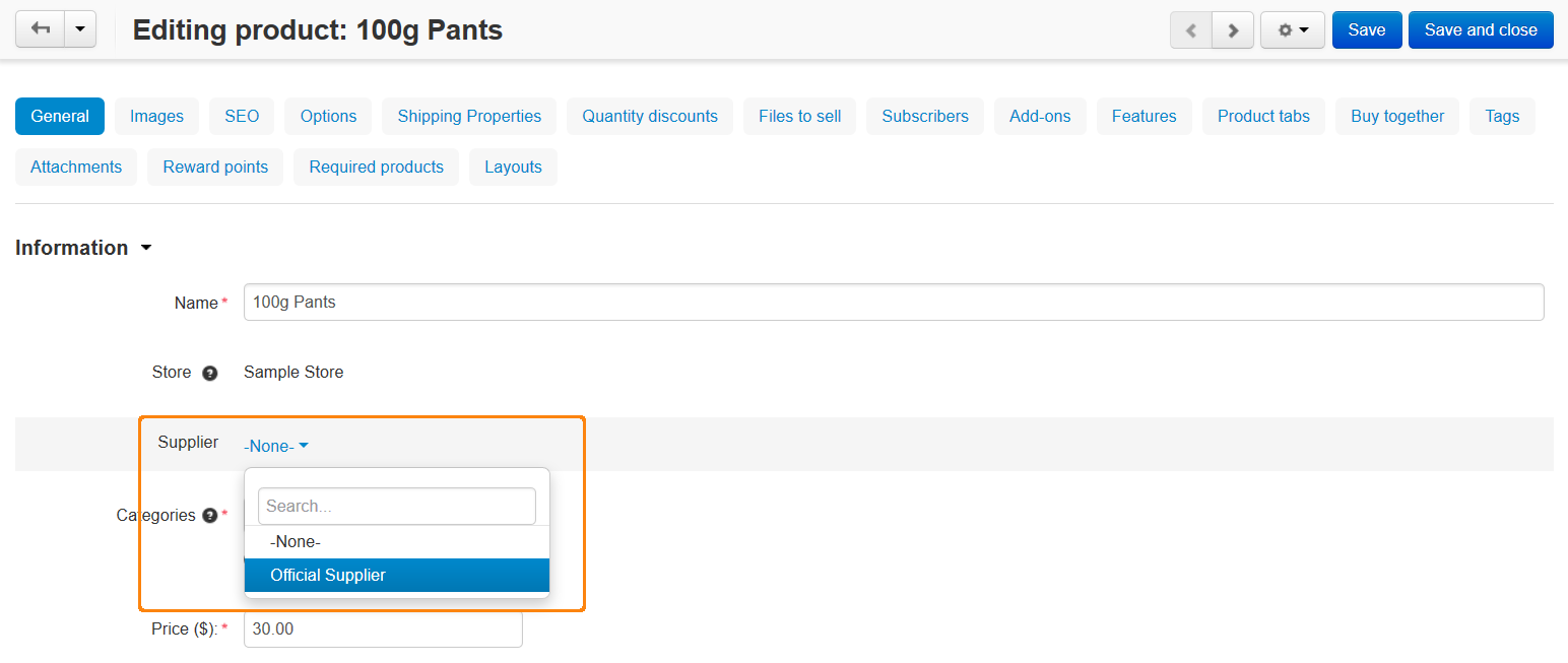 Select the desired supplier in the Supplier select box.