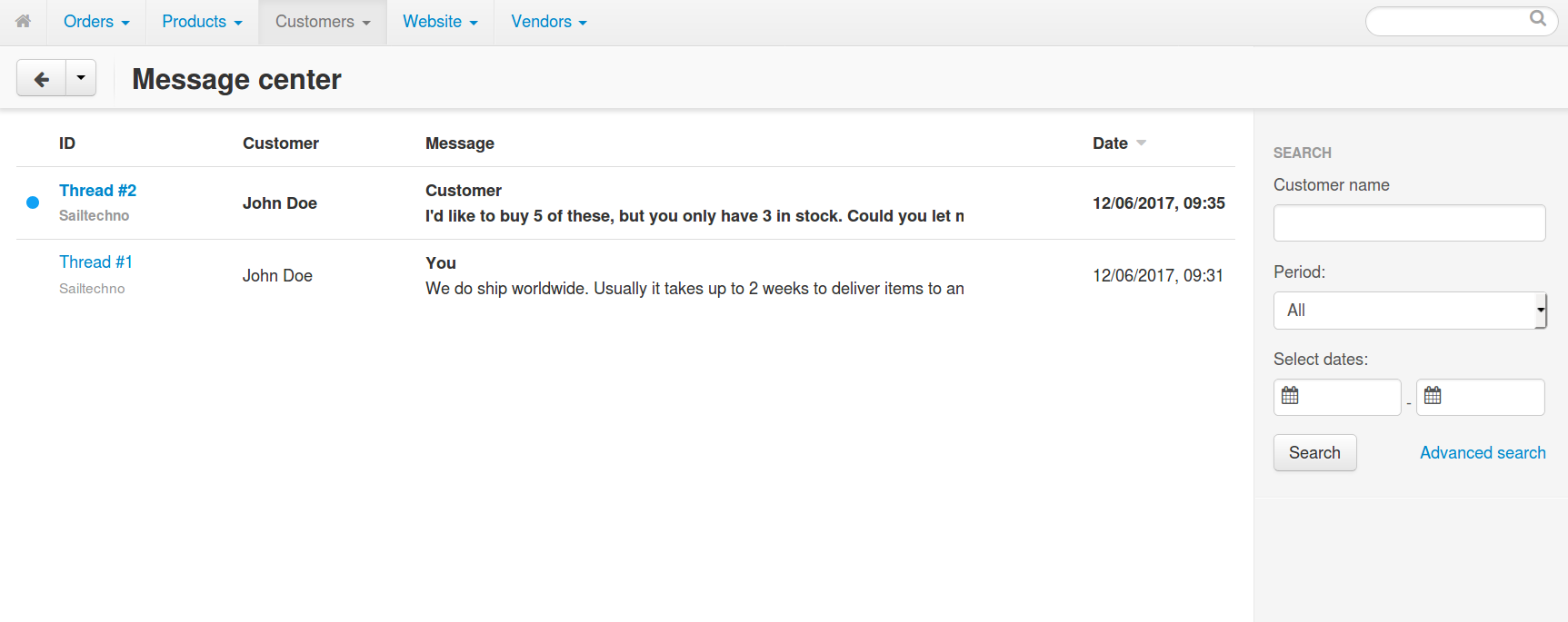 Viewing messages from customers in Multi-Vendor.