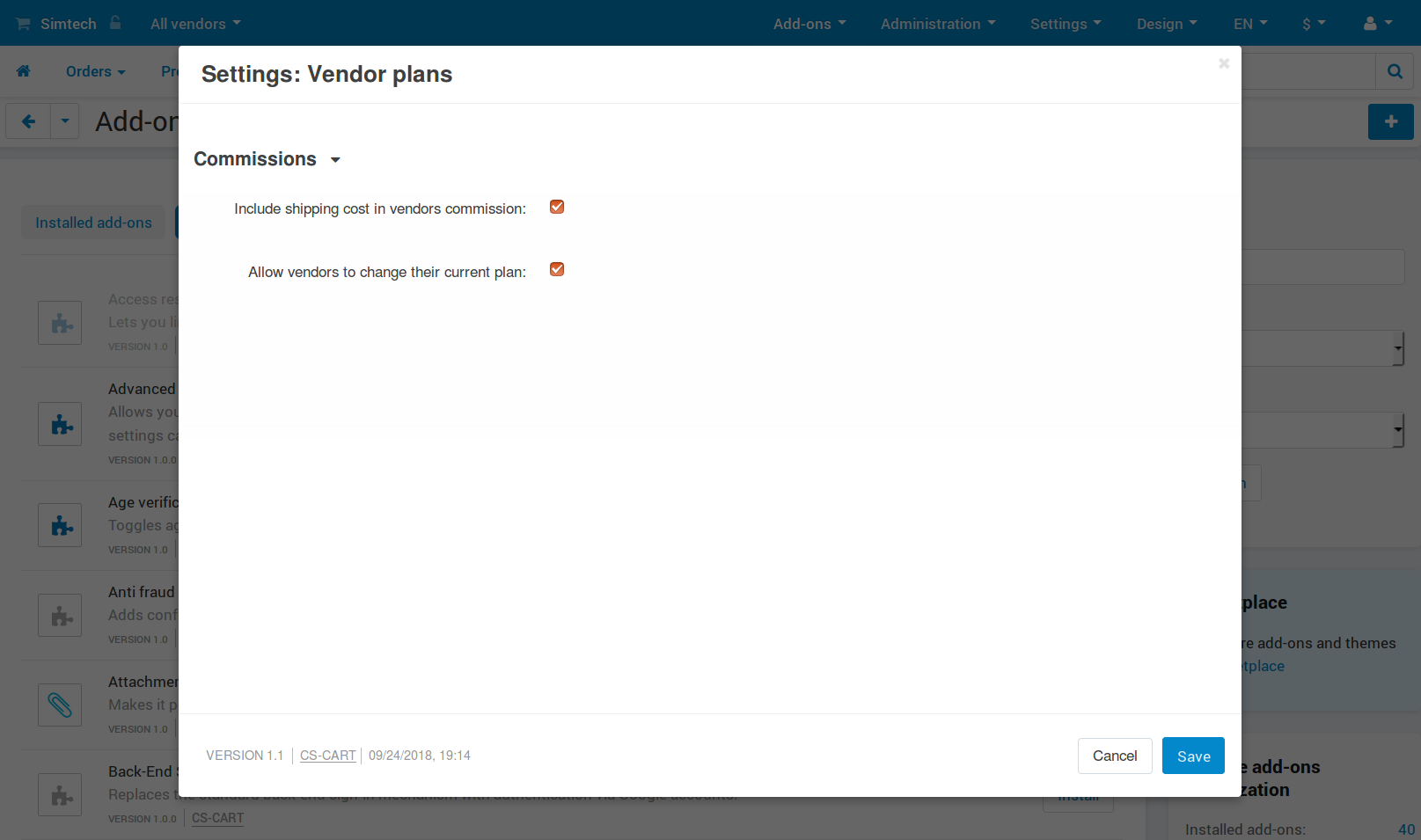 The settings of the Vendor Plans add-on.