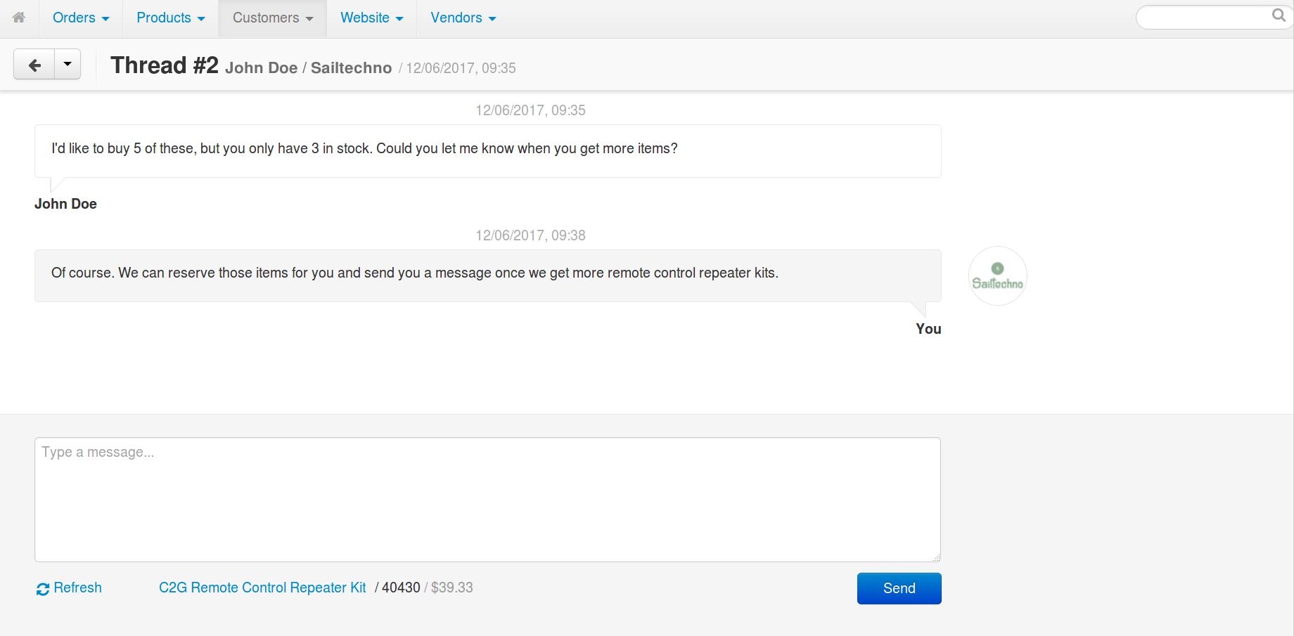 Replying to customer's message in Multi-Vendor.