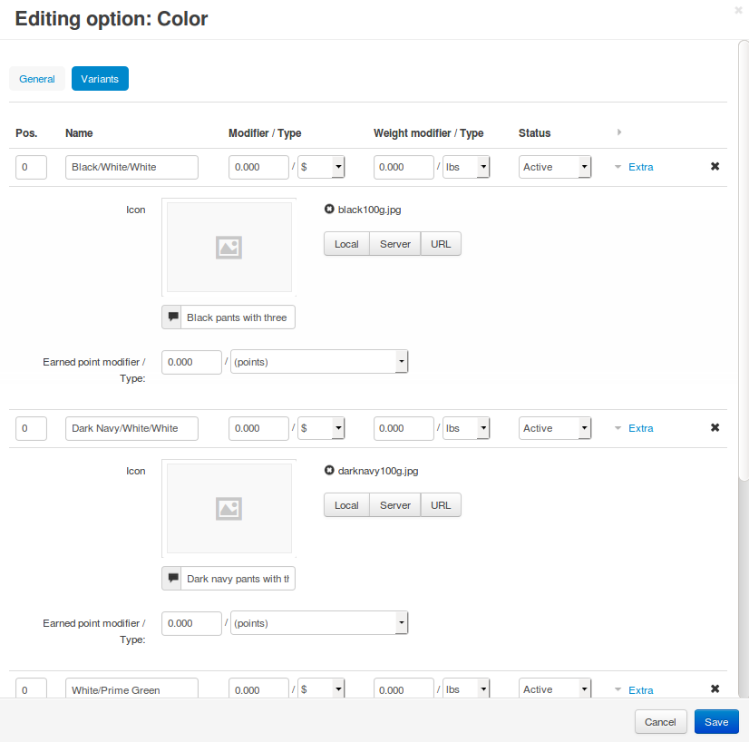To open the icon selection form for an option variant, click Extra.
