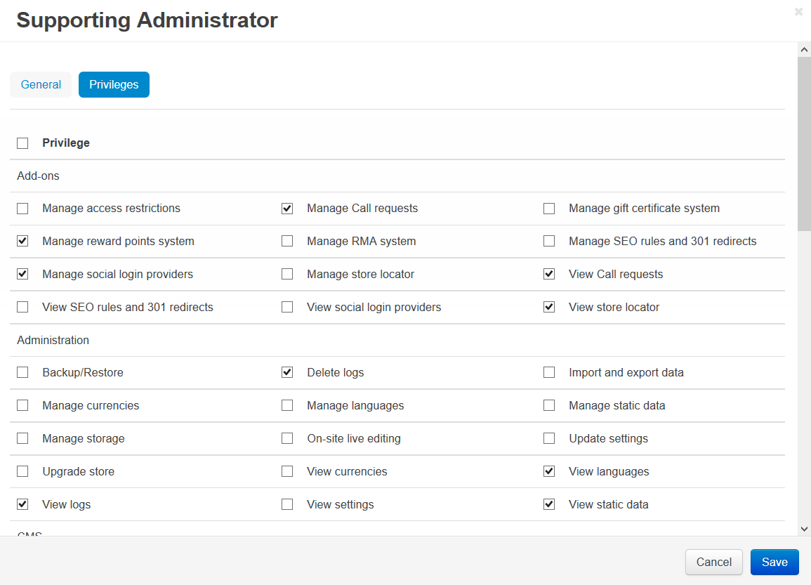 Set the privileges for the selected administrator group.