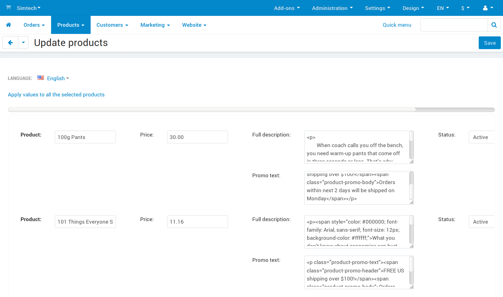 The chosen properties of all selected products will appear on one page.
