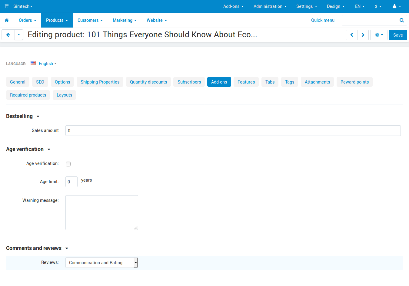 Configuring reviews for a product.
