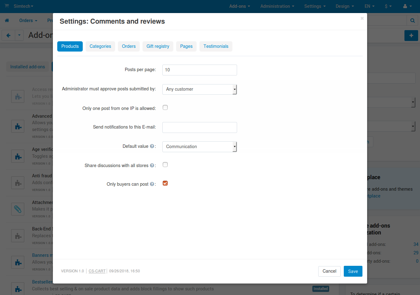 The settings of the "Comments and reviews" add-on.
