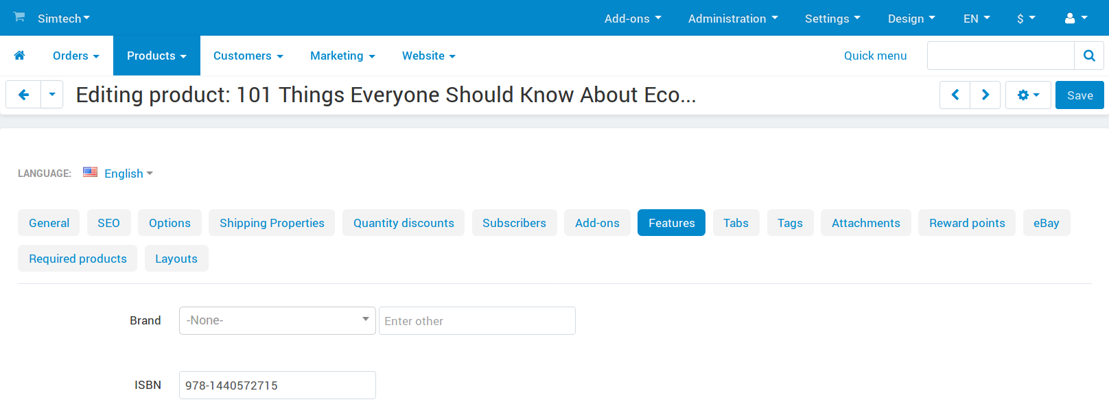The Features tab allows you to edit the features of the product.