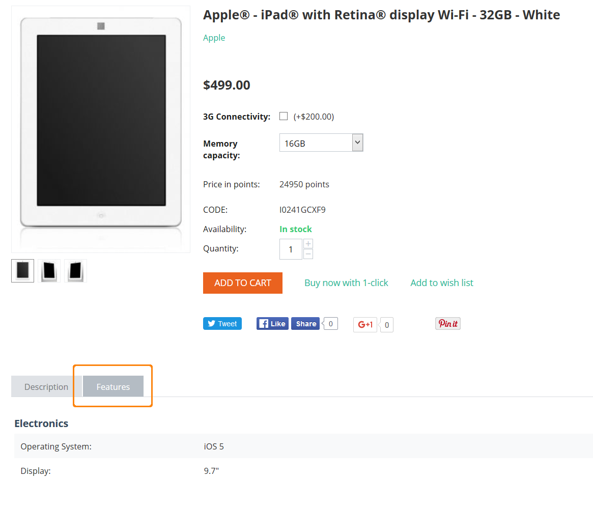 The Features tab on the storefront