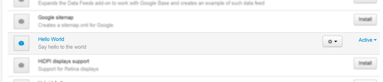 The Hello World add-on in the CS-Cart admin panel add-on list