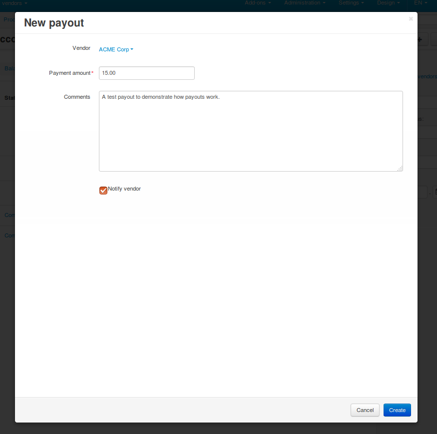 Fill in the fields in the payout creation pop-up.