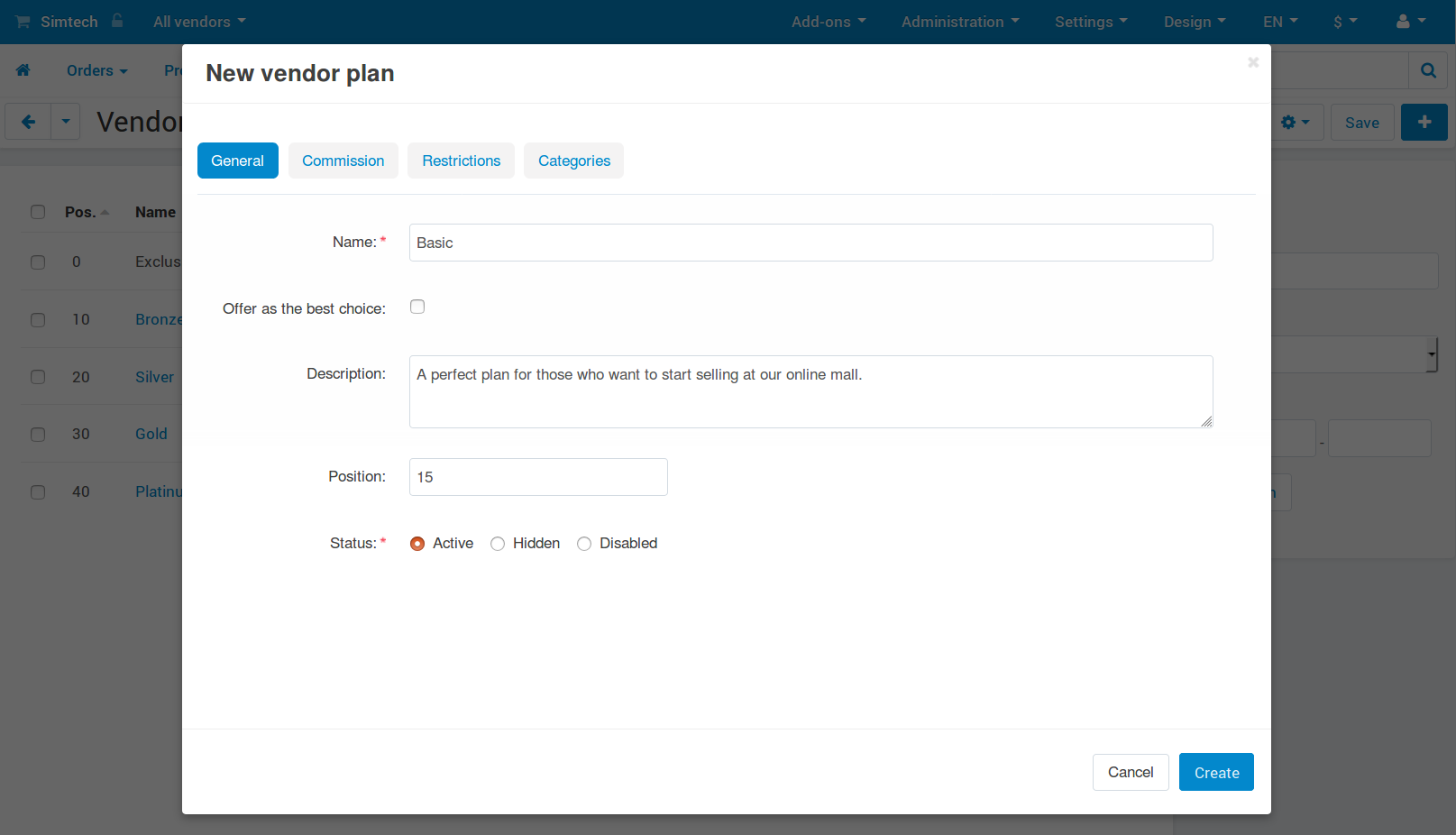 The "General" tab of a vendor plan.