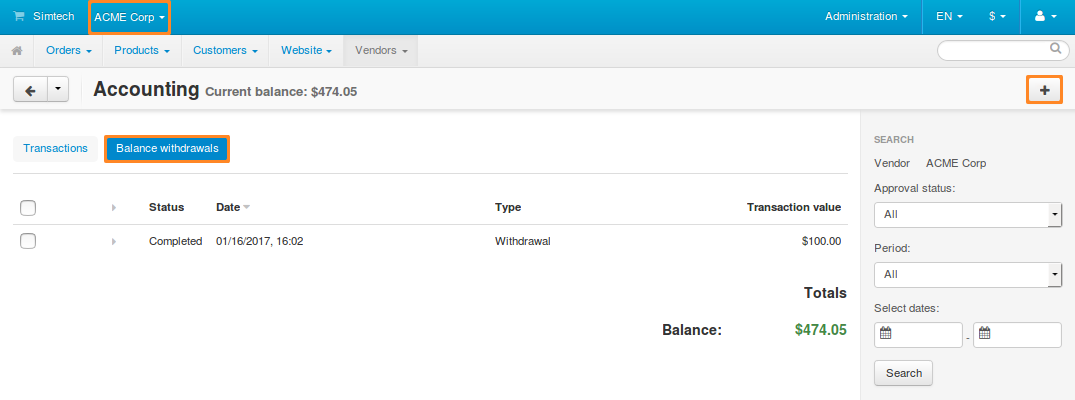 Select the vendor in the top right corner and use the + button to create a withdrawal.