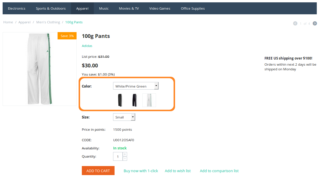 When customers click on the icons, they select the desired variant of the product option. This changes the option combination and the image of the product.