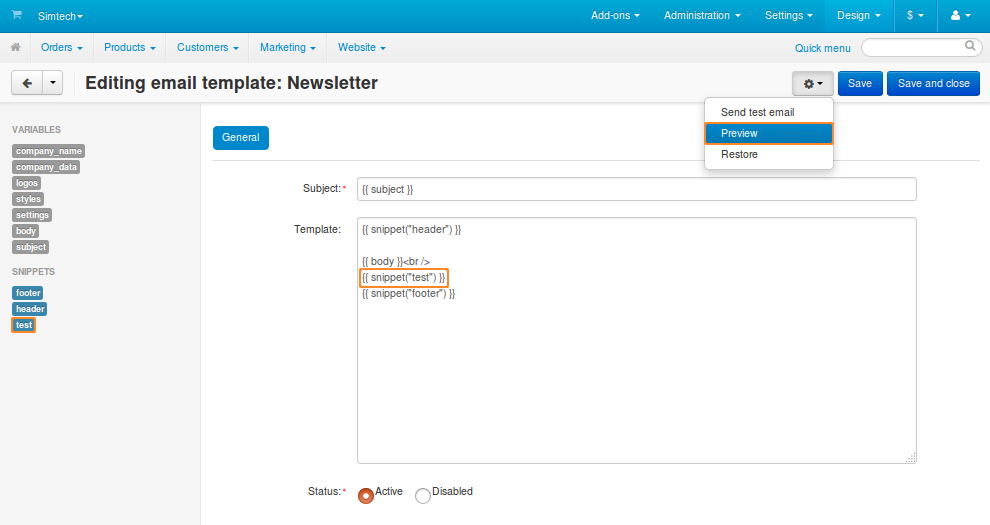 A snippet code in the email template editor.