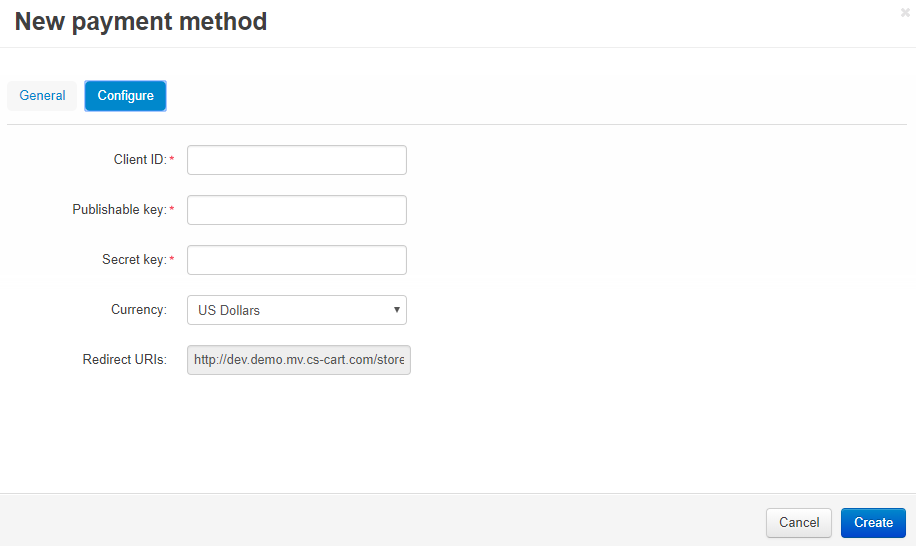 The Configure tab of the Stripe Connect payment method.