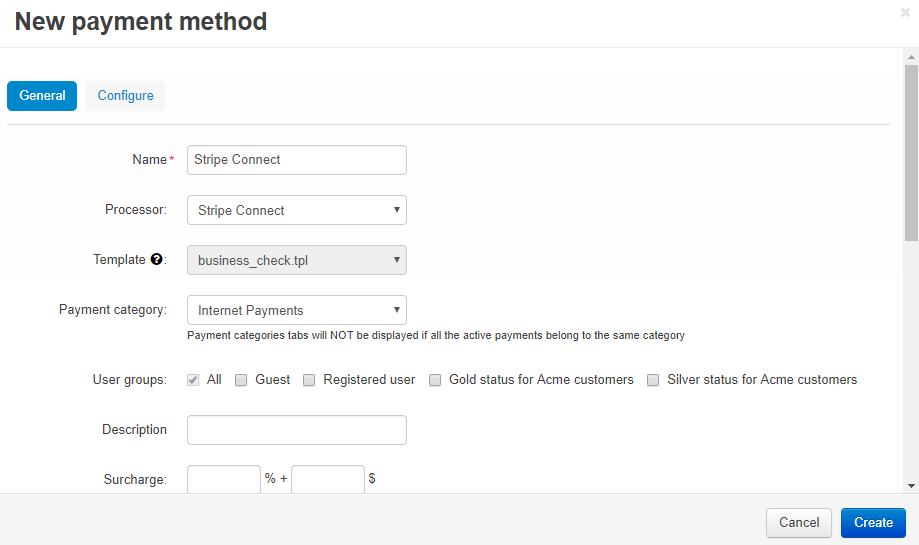 The General tab of the Stripe Connect payment method.