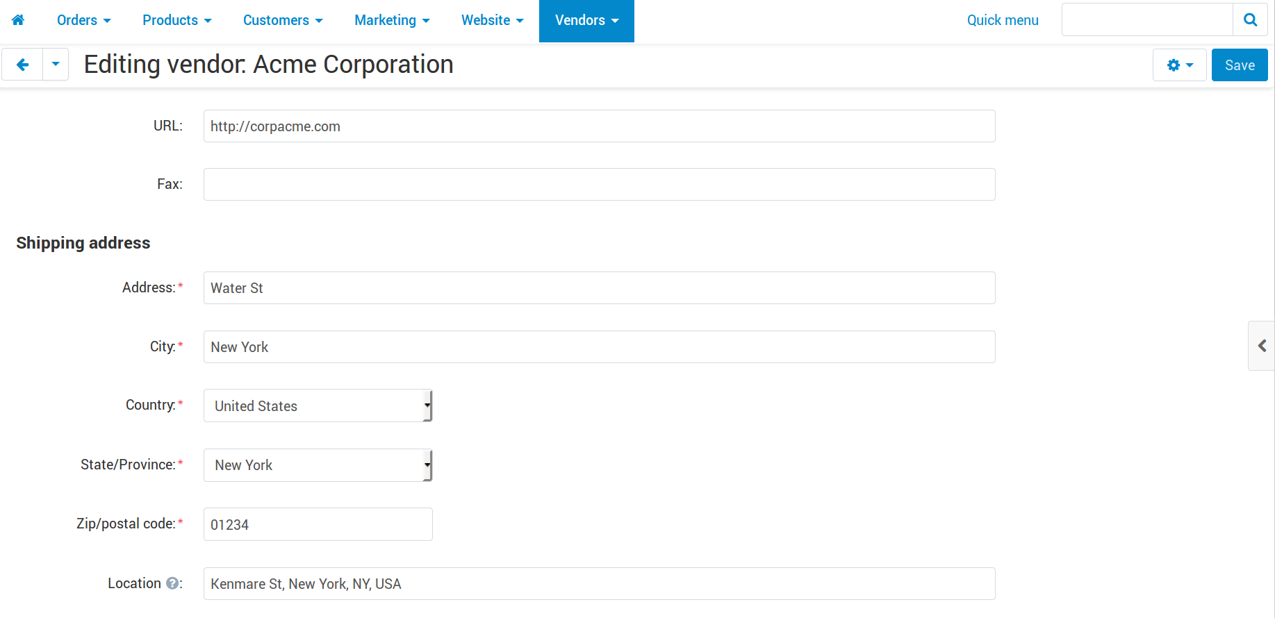 The location of a vendor as specified on the vendor's profile page.