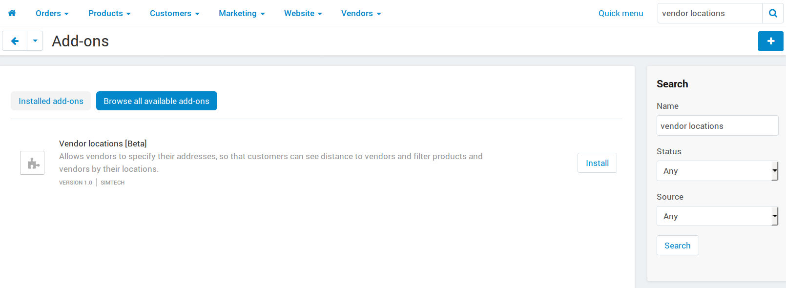 The "Vendor locations" add-on isn't installed by default.