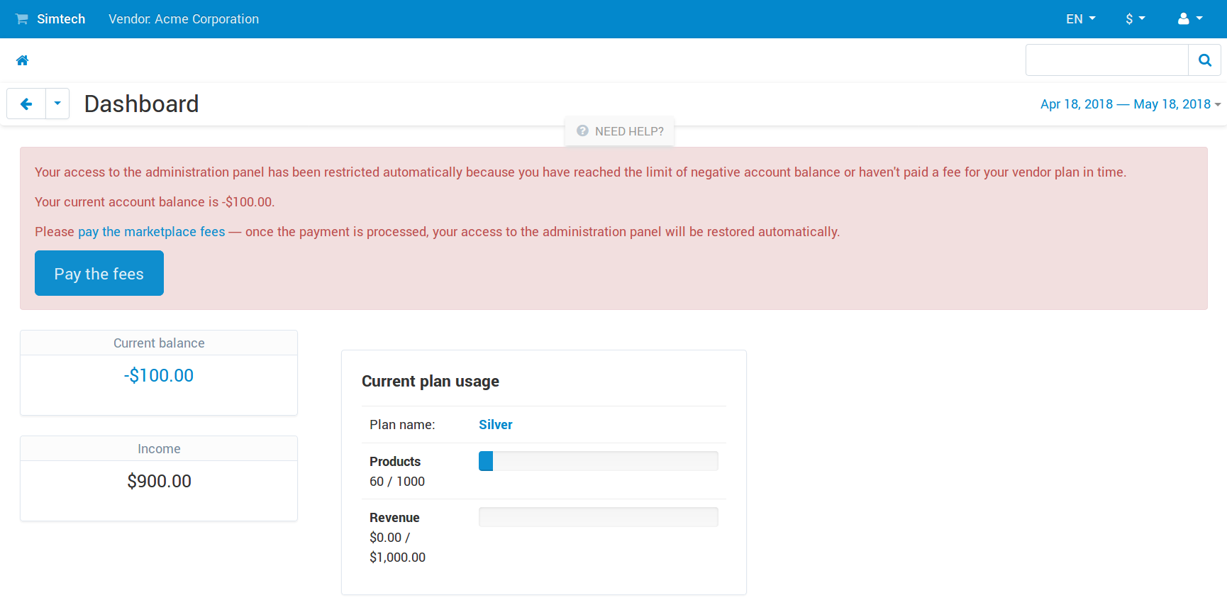 A blocked vendor panel only allows to pay the debts.