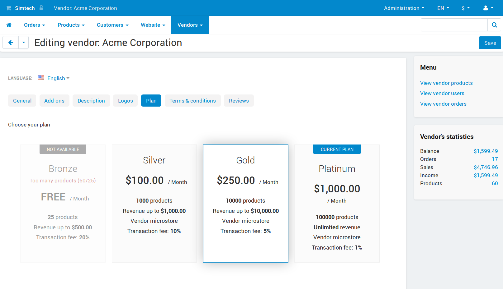 The list of vendor plans that can be selected.