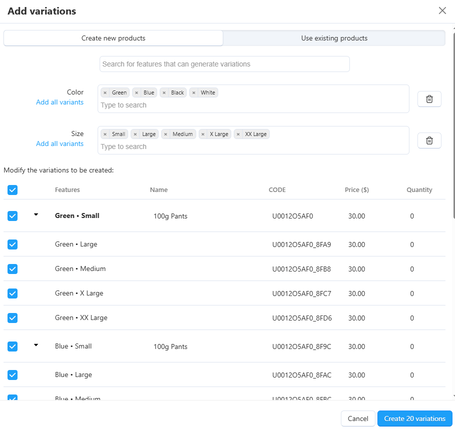 Adding new variations from the product page