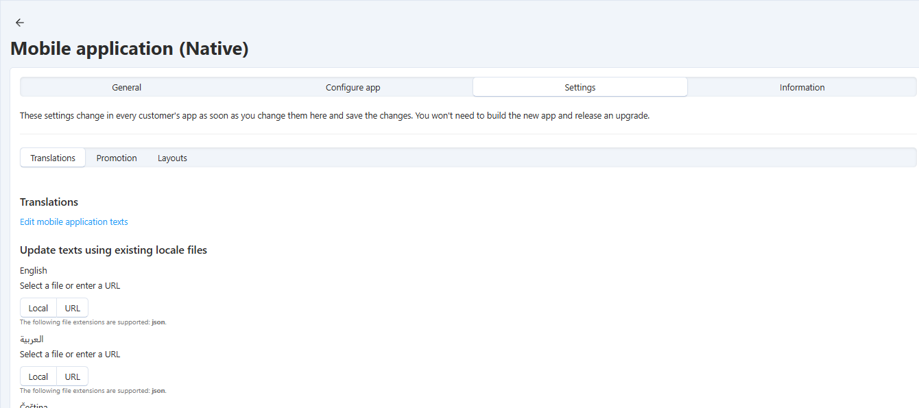 Settings of the Mobile application add-on.