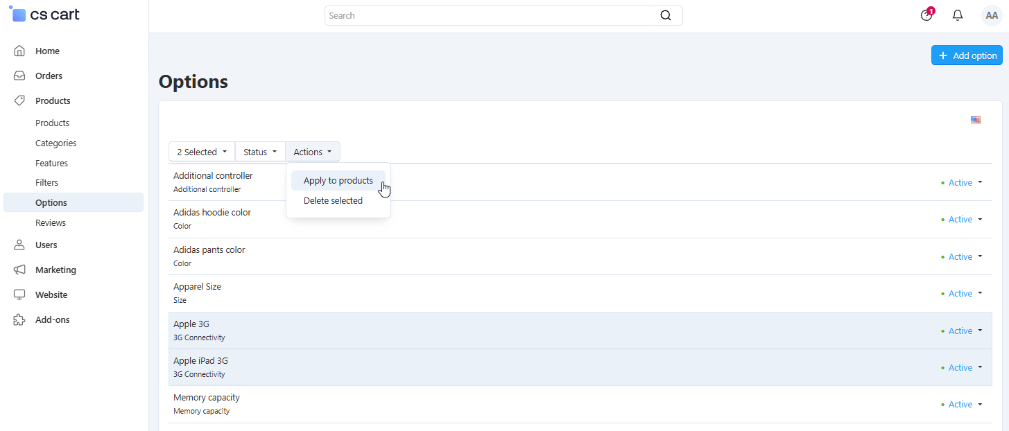 Apply a global option to multiple products in CS-Cart