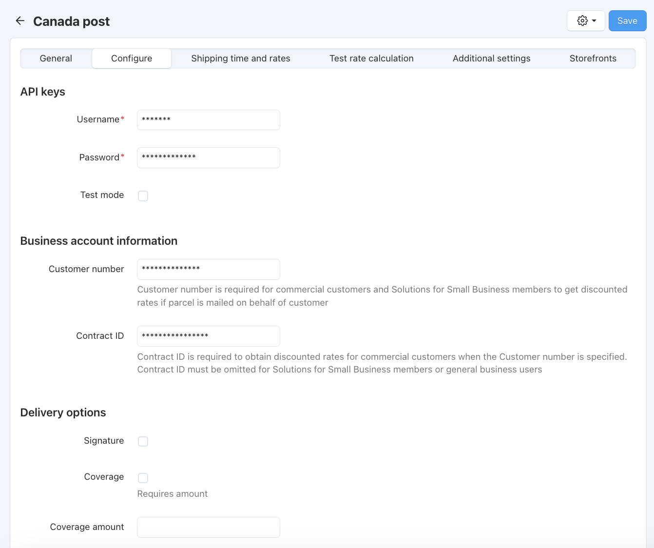 Canada Post settings. Username and password are required.