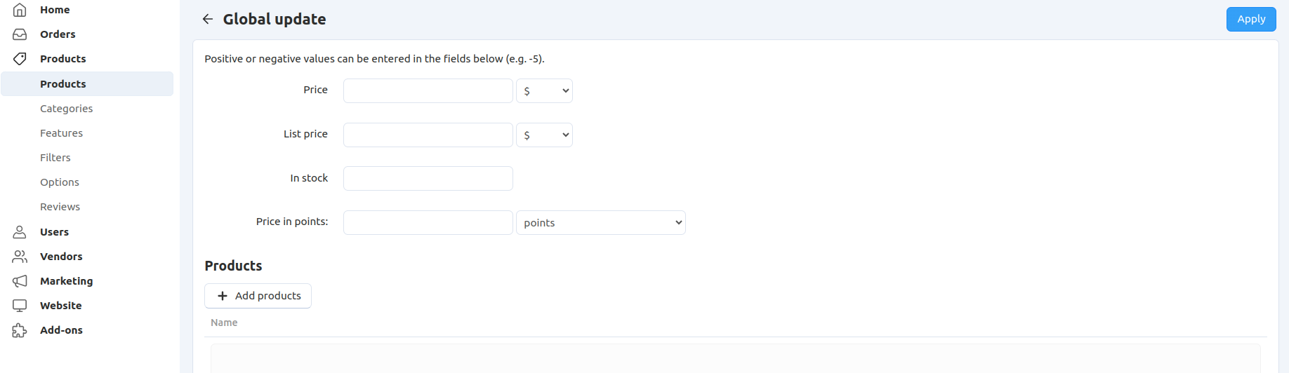 The global update page allows you to adjust prices and stock of all products at once.