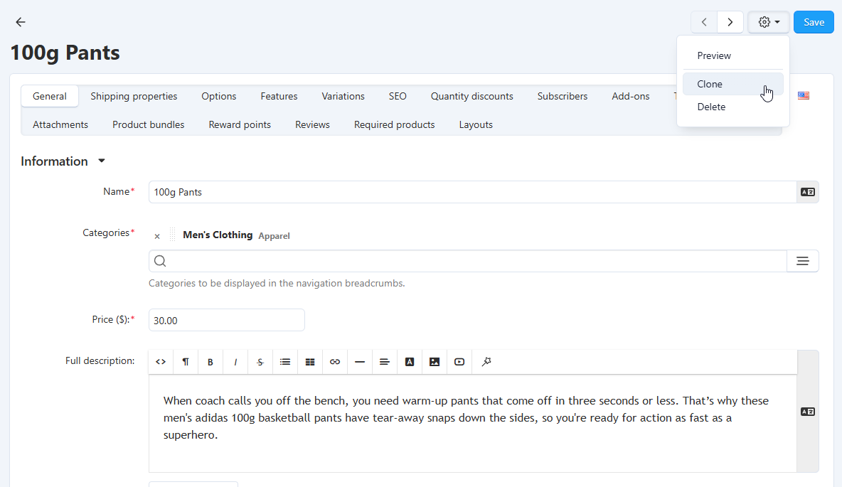 Cloning a specific product from the editing page.