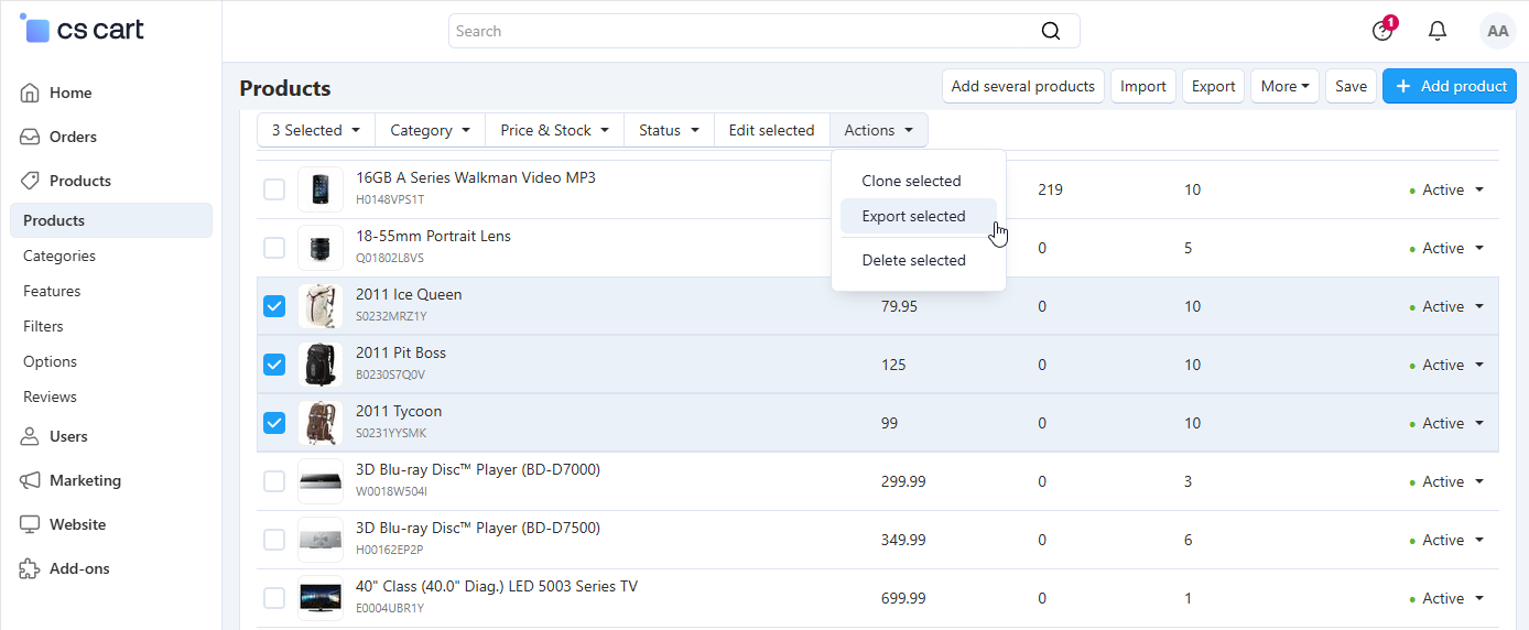 CS-Cart allows you to export all products or specific groups of products.