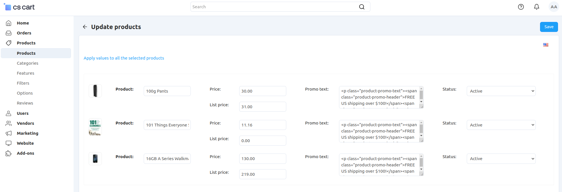 The chosen properties of all selected products will appear on one page.