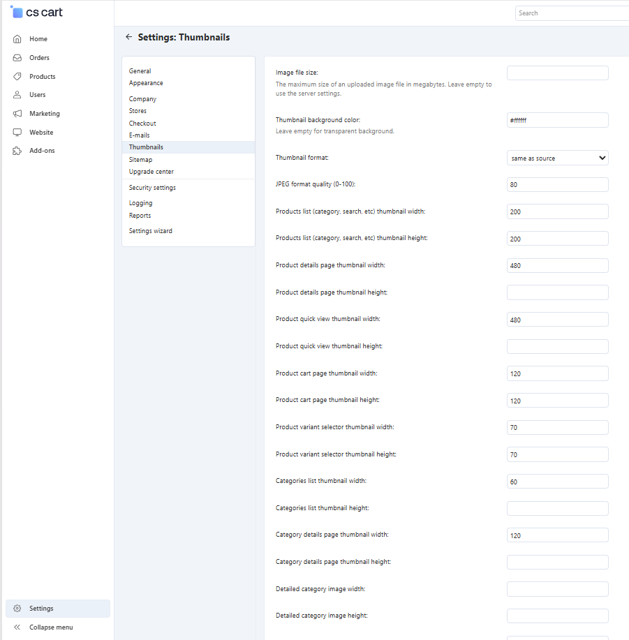 Fill in the fields in the Thumbnails settings to specify thumbnail size on various pages.